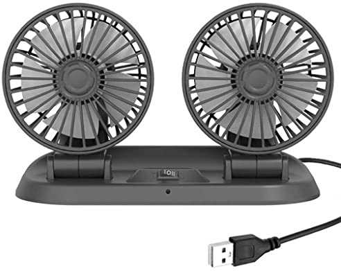 ventilatore per auto Riloer, ventilatore usb 5V ventola di raffreddamento per auto a doppia testa, Ventola per auto rotazione orizzontale a 360° e verticale a 180° per passeggeri, bambini
