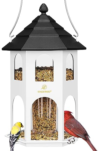 Kingsyard Metall Vogelfutterhaus zum Aufhängen, Vogelfutterspender für Wildvögel, leicht zu reinigen und nachzufüllen, Vogelhaus für Garten & Balkon, Weiß