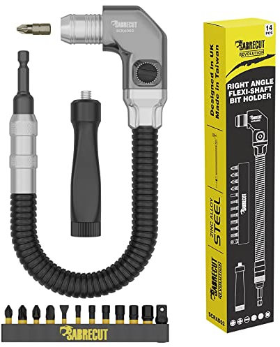 14 Piece SabreCut SCRAD02 305mm Heavy Duty 1/4 Inch Compact Flexible Right Angle Impact Driver Bit Holder & 25mm Bits Set Dual Position Handle & Magnetic Spring Loaded Quick Release Collar