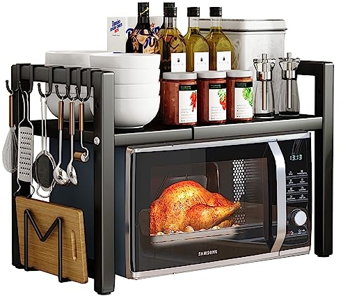 devesanter Erweiterbares Mikrowellen Regal 2-stufiges Mikrowellenständer mit 6 Haken Mikrowellen Aufbewahrungsständer Küchen-Organizer-Rack für Arbeitsplatte, Ausziehbar von 40-64cm Schwarz