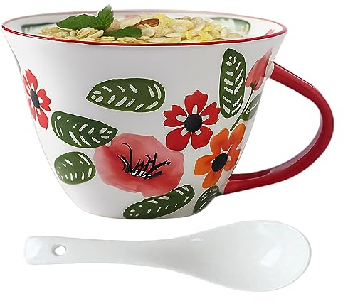 NIUKOMY Taza de Cerámica de Desayuno con Cuchara, XXL Grande Taza de Café de Porcelana, 600ML Tazón de Té con Asa para Cappuccino Leche Sopa, Taza de Florales Pintado Rojo