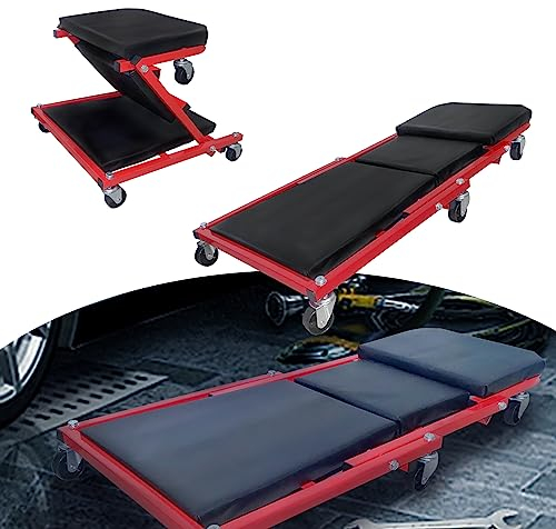 JOIEYOU Verkstadspall, 2-i-1 verkstad rullbräda, montering vikbar rullstol, verkstadssoffa, med 6 styrhjul med 360° rotationsfunktion, 150 kg lastkraft, röd