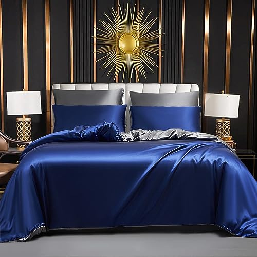 Housse de Couette Satin 220x240 Bleu Gris Adulte 2 Personnes Satinée Parure Linge de lit Uni Soie Lisse Soyeux Brillant Modern Ensemble Literie avec Fermeture éclair et 2x 65x65cm Taies d'oreiller