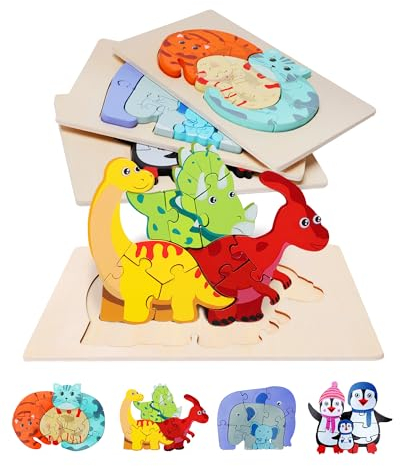Fullware Holzpuzzle 1 2 3 4 5 6 Jahre 4-teiliges Set, Holzspielzeug Baby, Montessori Knobelspiele Tier Familien Puzzle Kleinkind Lernspielzeug, Steckpuzzle Holz - Katze, Dinosaurier, Pinguin, Elefant
