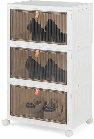 GOPLUS Aufbewahrungsbox mit Deckel, Stapelbare Ordnungsbox mit Türen, Transparent Klappbox mit Rollen, Schuhboxen Ordnungsboxen für Wohnzimmer & Schlafzimmer (3 Ebenen)