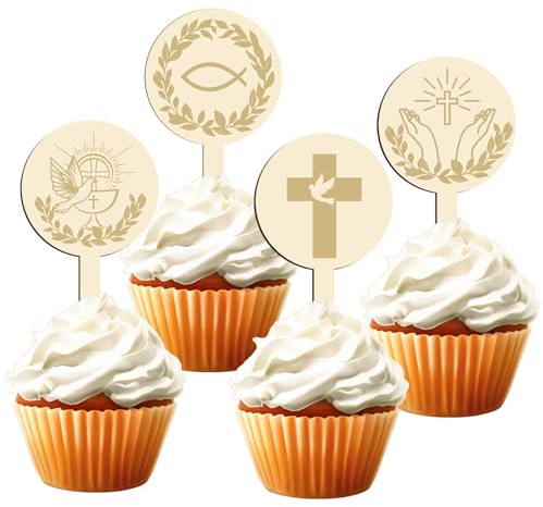 Juego de 12 toppers de madera para cupcakes, decoración de primera comunión, para niños y niñas, regalos eucarísticos