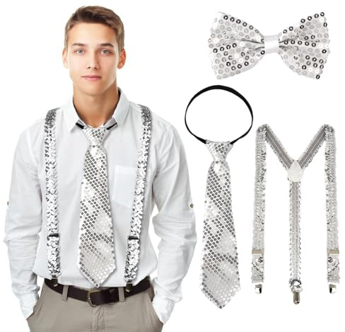 3 Stück Glitzer Outfit Herren, Silvester Accessories mit Fliege Hosenträger Krawatte, Disco Kostüm Fasching Pailletten Zubehör für Karneval