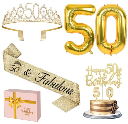 Amosking 50th Birthday Decorations for Women Gold | 50th Birthday Gold Supplies - 50th Birthday Sash, Tiara, Cake Topper, Candles, Balloons, 50 Year Old Gifts for Women