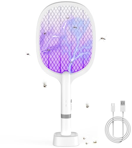 YOUBST Electric Fly Swatter Racchetta Zanzare Elettrica 5000V 1800mAh con USB Ricaricabile e LED 2 in 1 con Base Recargable, LED Trappola per Zanzare para Uso en Interiores y al Aire Libre
