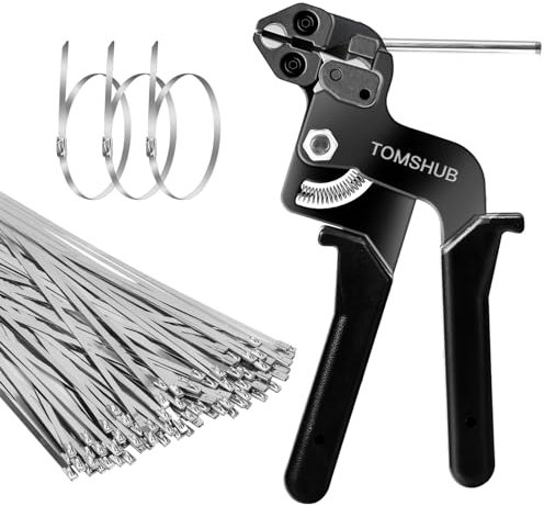 TOMSHUB Stainless Steel Cable Tie Gun with 100 Pcs 11.8 inch Metal Zip Ties Tool, Heavy Duty Self-locking Cable Tie Gun Kit for Fastening and Cutting Fence Exhaust Pipe Outdoor
