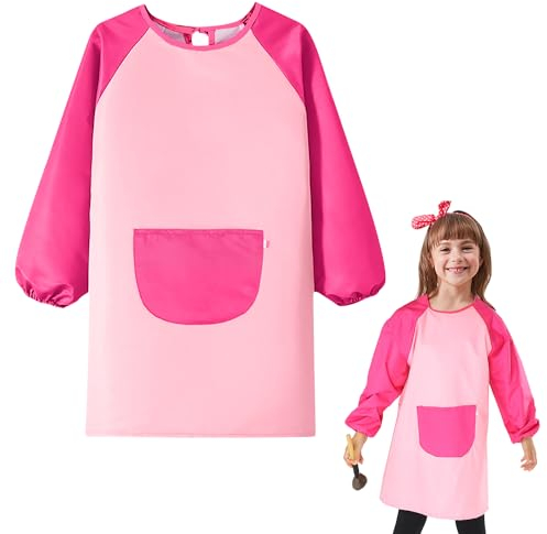 Meleager Malkittel Kinder, Wasserdicht Malschürze Kinder 5-11 Jahre, Malerkittel Schule Junge und Mädchen, Malkittel mit Langen Ärmeln und Taschen, Schürze Kind für Basteln Malen Backen (Rosa)