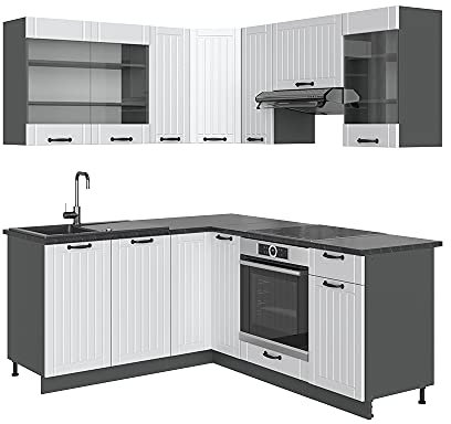 Vicco Eckküche Fame-Line, Weiß Landhaus/Anthrazit, 160 x 190 cm, AP Anthrazit