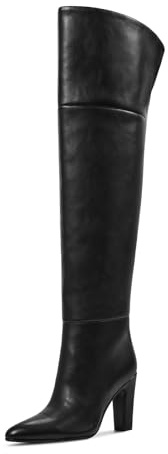 wetkiss Black Thigh High Over the Knee Long Tall Womens High Heeled Boot Pointed Toe Chunky Block Heel Leather Boots Fall Winter