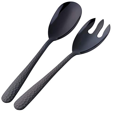 TEAHAHA 12 Inches Stainless Steel Salad Server Sets with Salad Spoon and Fork, Cooking Utensils for Kitchen, Simple and Classic Dishwasher Safe (Black)
