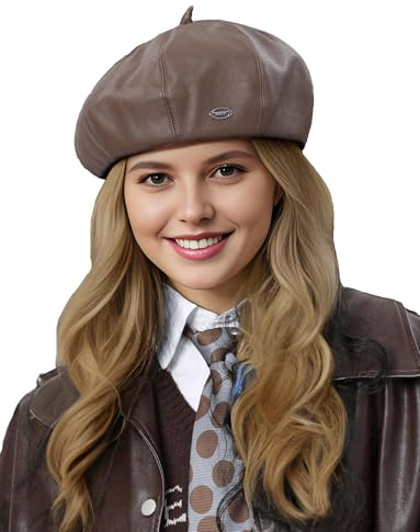 FEOYA Baskenmütze Barett für Damen Mütze Leder PU Frauen Klassische Französische Mode Visor Schirmmütze Braun Ballonmütze Bakerboy Hat Achteckige Beret Mütze Cap Maler Kappe Elbsegler Herbst Winter