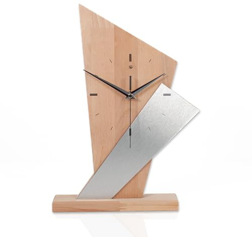 Kreative Feder Designer-Standuhr „Brown Square“ aus Massivholz – Tischuhr in modernem Metallic-Look ohne Ticken (leises Funkuhrwerk, Buche)