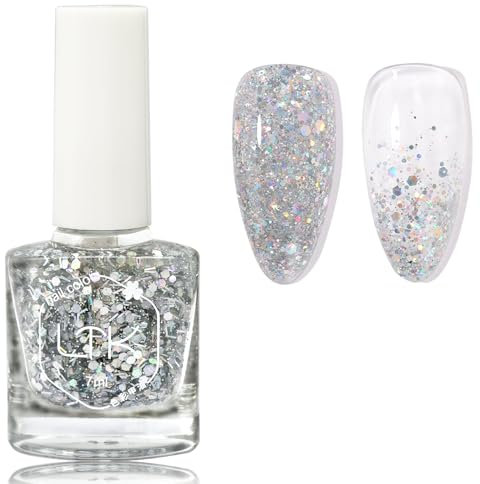 Glitter Nail Polish - Silver Diamond Sparkle Long Lasting Varnish - Flash Shinny, No Baking & Easy to Apply for Women