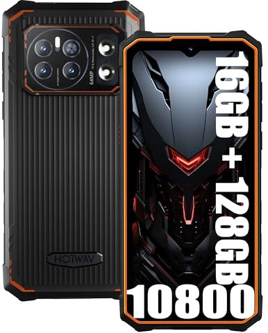 HOTWAV Cyber 13 4G Teléfono Móvil Resistente 2025, 16GB+128GB+2TB, 10800mAh IP68 Smartphone Todoterreno, 64MP+16MP, 6.6 HD+ 90Hz, Android 14 Telefono Movil Antigolpes, GPS, NFC, OTG, FM, Naranja
