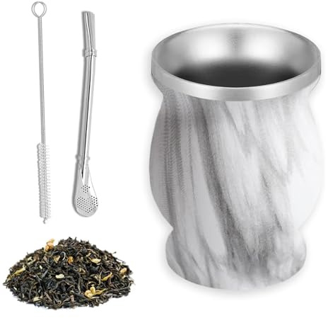 Set Mate, Taza de mate, juego de tazas de té mate, con Pajita y Cepillo de Limpieza, de Doble Pared, 230 ml, para uso Doméstico, Regalos para Amigos(Silver Dapple)