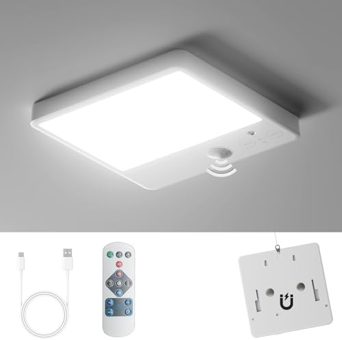 Rechargeable Motion Sensor Ceiling Light with Remote, Wireless Magnetic LED Ceiling Lamp, Battery Operated Indoor Wall Lights for Bathroom Stairs Garage Porch & Shed – 3 Colour Temperatures, Dimmable