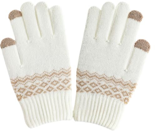 JINZIJINYU Damen Winterhandschuhe Jacquard Touchscreen Handschuhe Winter Split Finger Handschuhe Aus Wolle Und Kältebeständige Samthandschuhe Weiß