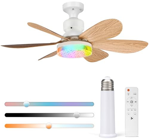 20.5'' Ceiling Fans with Lights and Remote, RGB 30W Dimmable LED Ceiling Fan with 6 Wood Grain Blades, E27 Converter Base, 3 Speeds 3 Colour Temperature Fan Lamp for Bedroom Living Room Kitchen