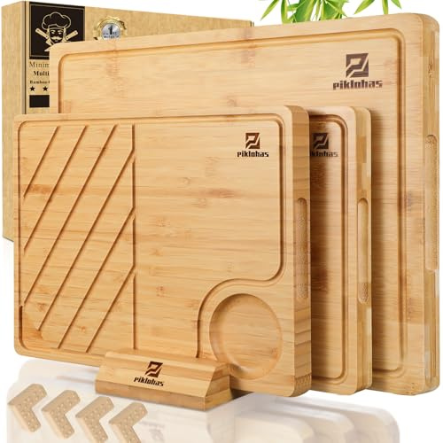 3 Stück Bambus Schneidebrett Set mit Rutschfester Halterung, Cutting Board als Küchenbrett Besser Als Holzschneidebrett für Küche, Käse or Obst mit dem Geschenkbox