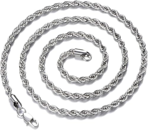 Joykee Silver Rope Chain Necklace for Men, Waterproof Stainless Steel 3/4/5mm