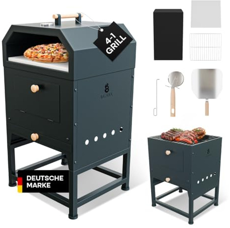 BALHEKA Forno per pizza all'aperto 4 in 1 | Pizza, barbecue e braciere | Stufa da giardino con accessori – ideale per terrazza e campeggio