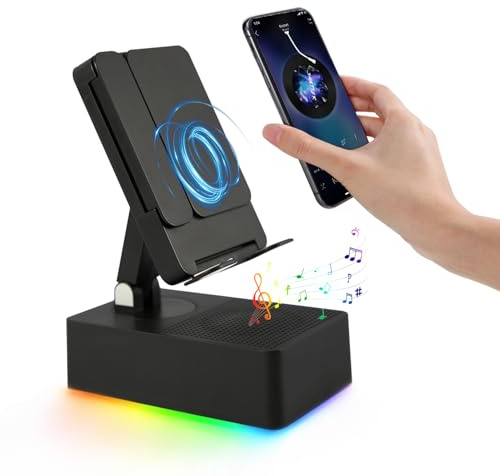 TuneEIf Altoparlante Bluetooth a induzione wireless, supporto per telefono pieghevole 5 in 1, ricarica di emergenza da 3000 mAh, luce ambientale a LED colorata, gadget tecnologici regalo per uomini e