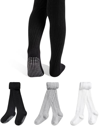 GENTABY Barnstrumpbyxor 3-pack med halkskydd – bomullsblandning för flickor 6 månader – 6 år, #2 svart vit grå, 4-6 år