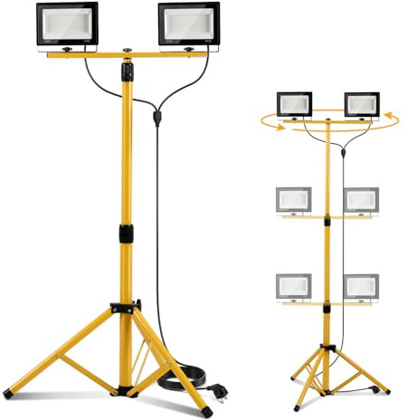 Peviasot Baustrahler LED mit Stativ, 2x50W 4250LM Drehbar Bauscheinwerfer 6500K Kaltweiß, Höhenverstellbar Stativ und 3m Kabel Stecker, IP66 Wasserdicht für Garage Werkstatt Baustelle