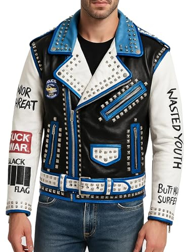 CLASSIC JACKETS Mens Brando Rock Punk Studded Motorcycle Leather Jacket Multicolor