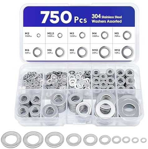 LUMOOM Juego de 750 arandelas de acero inoxidable, surtido de arandelas planas M2-M12, arandelas de seguridad para bisagras de puerta, juntas de drenaje de aceite para reparación hidráulica