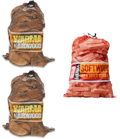 25L Nets of Softwood, 27L Nets Hardwood Logs & 4kg Kindling Nets Firewood - Warma Kiln Dried Wood - For Outdoor Open Fire Pits Wood Burners Coal Stoves Log Burners - 2 x Hardwood & 1 x Kindling Nets