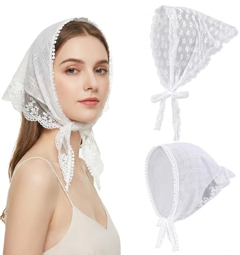 2 Pcs Lace Head Scarf, Floral White Lace Bandana Elegant Triangle Hair Scarf for Women Summer Hair Accessories