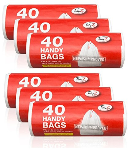 Tidyz 6 Packs Of 40 White Plastic Bin Bags - Fits 15L Pedal Bin - Extra Strong Tie Handle - 240 Bags Total
