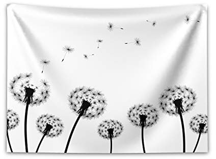 ABAKUHAUS Löwenzahn Wandteppich und Tagesdecke, Verblasste Pusteblume, aus Weiches Mikrofaser Stoff Waschbar mit Klaren Farben, 150 x 110 cm, Weiß Schwarz
