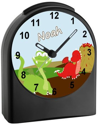 CreaDesign, WU-50-1093, Drache, analog Kinderwecker schwarz, Funkwecker ohne Ticken, mit Licht, personalisiert mit Namen, 9,6 x 5,5 x 11,9 cm, 104 g