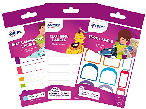 Avery Namensschilder für die Schule, Vorteilspack, 36 x Kleidungs-Etiketten (bügelfrei), 24 x widerstandsfähige Schuhetiketten, 24 x wasserdichte Lunchbox- und Wasserflaschenetiketten, Schulpaket 1