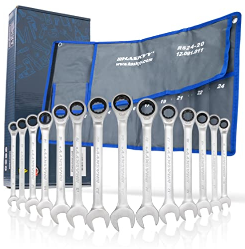 HASKYY 14-Tlg Ratschenschlüssel-Set I 8-24mm Gabelschlüssel Ratschen-Schlüssel-Satz Maulschlüssel