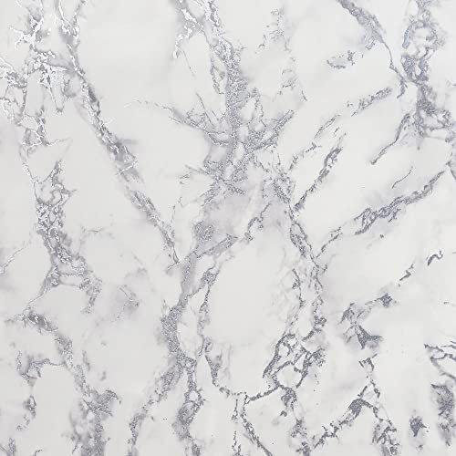 Arthouse Carrara Marble Effect Silver Wallpaper for Living Spaces & Feature Walls, Kitchen Bedroom Hallway Dining 10.05m x 0.53m Roll Encased Glitter Metallic 296701, Full Roll
