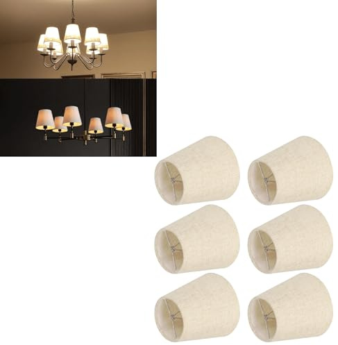 Tissting 6Pcs Leinen Kleine Lampenschirm, 5.5 E14 Stoff FassLampenschirm Beige Kronleuchter Lampenschirm Handgefertigte Boden Lichtschirme Lampenschirme zum Aufstecken für Schlafzimmer, Wohnzimmer