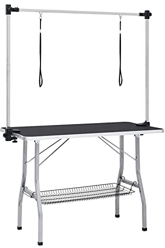 Tidyard Tierpflegetisch mit 2 Schlingen Trimmtisch Pflegetisch höhenverstellbar klappbar mit Unterkorb für Hunde Metall Schwarz und Silbern 110 x 60 x 76 cm