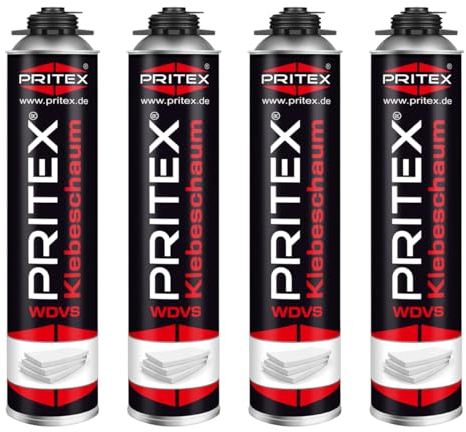 PRITEX – WDVS Klebeschaum 4 x 750 ml zum Isolieren, Fixieren & Befestigen – Dämmstoffkleber mit sehr guter Haftung, niedrigem Aushärtedruck & geringer Nachdehnung – Bauschaum für Montagepistole