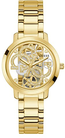 Guess Damen Armbanduhr Quattro Clear mit goldfarbenem Edelstahlarmband, 3 Bar, Gehäusedurchmesser: 36 mm, GW0300L2
