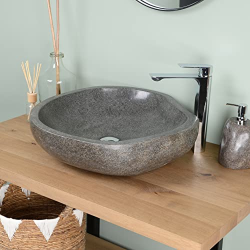 wohnfreuden Naturstein Waschbecken 60 cm in grau aus indonesischen Flussstein - Mit Unikat Auswahl
