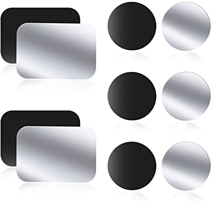 WONLIVE Metallplatte für Magnet KFZ Handy Halterung 10 Stück | Selbstklebende Metallplättchen, für Magnetische KFZ-Handyhalter, für Handyhüllen, 6 Rund & 4 Rechteckig, Schwarz & Silber