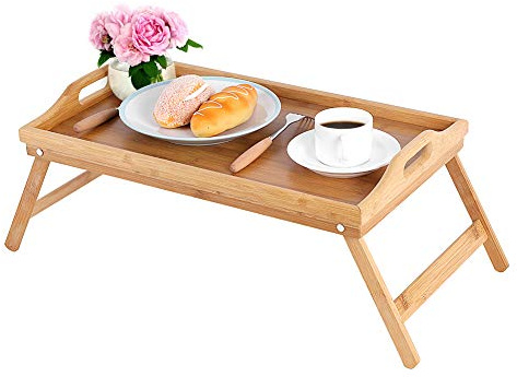Betttablett Bambus Frühstückstablett fürs Bett Tragbare Beistelltisch mit Griffen Klappbar Bett Tablett Serviertablett Tabletttisch mit Tragegriffen TV Tablett Tisch, 63 x 27,3 x 22,5 cm
