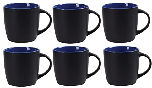 6 tazas de café grande con asa negras mate de 350ml, tazas de cerámica aptas para lavavajillas, para café, cacao, latte, té, regalo (AZUL)